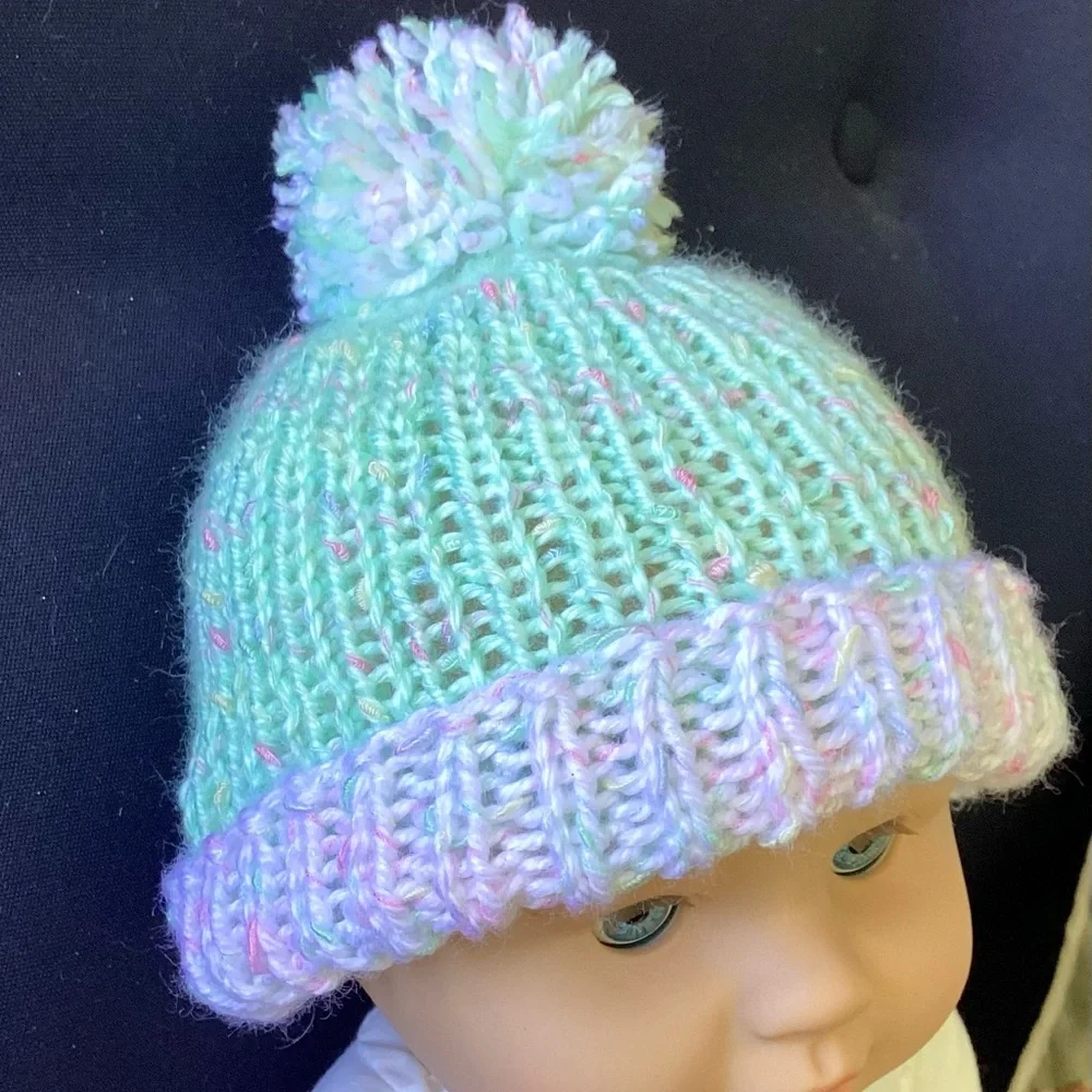 Hat Beanie Baby Pom Pom Green White Knit Pastel Spring Easter
